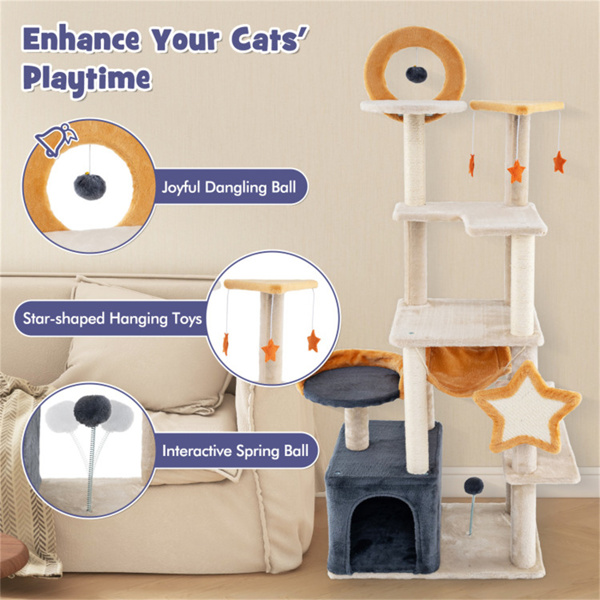 63-inch multi-stage cat tower, cat tree with scratchboard and toys