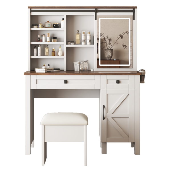 Farmhouse Makeup Vanity Desk with Sliding Mirror and Lights and Hairdryer holder and charging socket Multilayer storage Shelves,and 2 drawer and big storage cabinet Rustic Big Vanity Set for Bedroom 