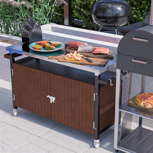 Outdoor Grill Cart with Stainless Steel Tabletop, Storage, Patio Kitchen Island with Wheels, Hooks, and Spice Rack, Waterproof Outdoor Grill Table, Movable BBQ Serving Cart Rolling Bar Cart