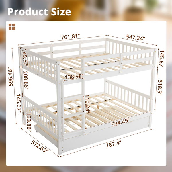 Full Size Bunk Bed with Trundle Bed, with Ladder and Safety Rails Pinewood Bunk Bed White