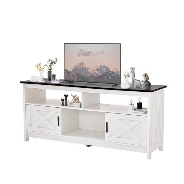 Fernsehkommode, TV Schrank für 65 Zoll, TV Sideboard mit Steckdosen, TV Board mit Ablageschränken & offenem Regal, Landhausstil Fernsehtisch für Wohnzimmer,150x40x65 cm (Schwarz)