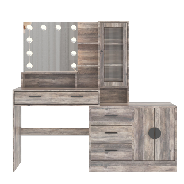 Large Makeup Vanity with Lights, Vanity Table with Charging Station, Vanity Desk with Mirror and 10 LED Light Bulbs, Makeup Table with Drawers and Storage Shelves and Cabinets, Gray