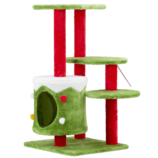 32in Christmas Themed Cat Tower with Cat Condo, 3-Level Plush Cat Tree Activity Center for Indoor Cats