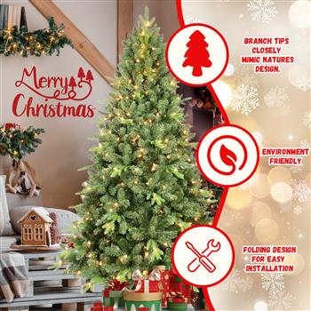 9FT Artificial Christmas Tree with 3509 PE&PVC Mixed Branch Tips, Prelit Hinged Premium Spruce Fake Xmas Trees, Hinged Branch & Foldable Base, Green