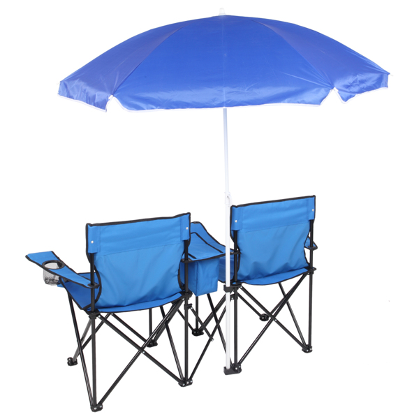 Portable Outdoor 2-Seat Folding Chair with Removable Sun Umbrella Blue