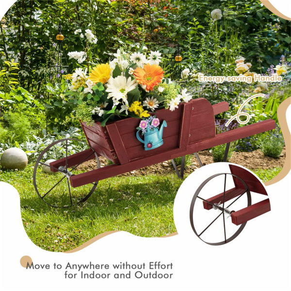 2 In 1 Wheelbarrow Planter，Wooden Wagon Planter with 9 Magnetic Accessories for Garden Yard