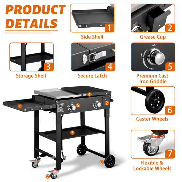 Foldable 2-Burner Flat Top Gas Griddle Cooking Station, Propane Fuelled Griddle Station with Side Shelves for Outdoor Barbecue Backyard Cookout