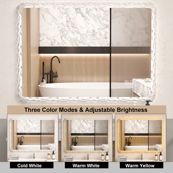 38.5X25 Inches Bathroom Mirror with LED Lights, Smart Mirror with Anti-Fog and Adjustable Brightness Function, Wall Mount Makeup Mirror with Crystal Acrylic Frame 