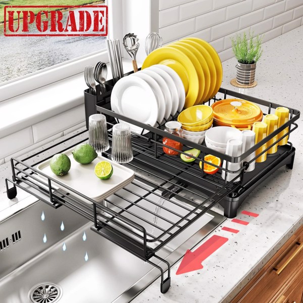 2-in-1 Expandable Dish Drying Rack Kit, Stainless Steel Dish Rack Set with Utensil Holder, Cutting Board Holder, Cup Holder, Magnetic Spice Rack and Metal Hook for Fridge