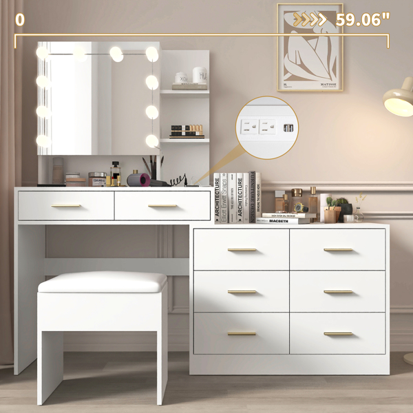 Large Makeup Vanity with Lights, Vanity Table with Charging Station, Vanity Desk with Mirror and 10 LED Light Bulbs, Makeup Table with Drawers and Storage Shelves, White