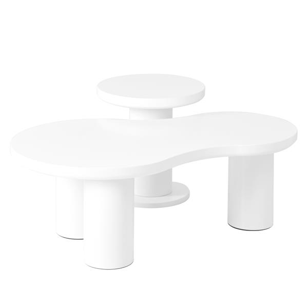 Easy Assembly Nesting Coffee Table Set of 2, Cream Style Cloud Coffee Table with Round Small Side Table,  Irregular Center Table with Thick Legs for Living Room, White, 39.3''x 13.7'',Φ15.7''