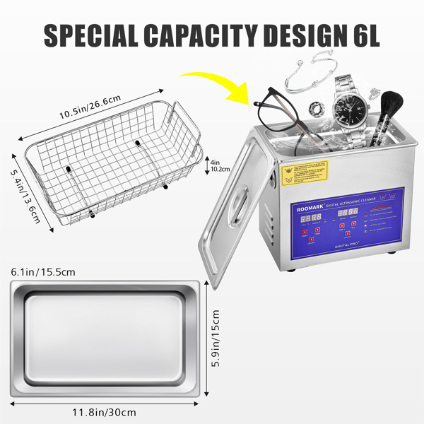 6,5L Ultraschallreiniger für Schmuck, Ultraschallteilreiniger, 100W Ultraschall-Ringereiniger mit Digitalanzeige, Timer und Heizung