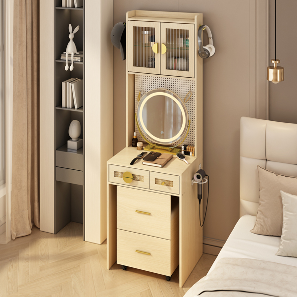 Small Vanity Desk with Mirror and LED Lights, Makeup Table with Charging Station and drawers and Storage Shelves for Small Space, Compact Mini Corner Vanity Set with Hidden Storage Stool for Bedroom