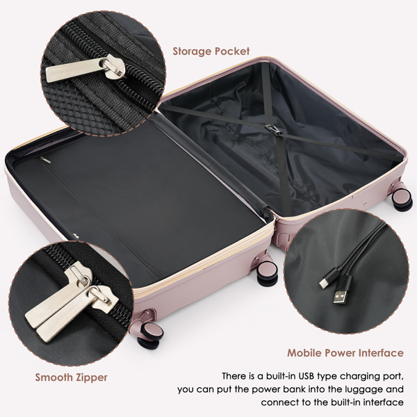 Luggage Sets 3 Piece, 20-inch with USB Port and front opening design,  ABS Hard Shell Luggage with Spinner Wheels, Cup Holder