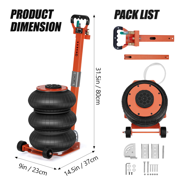  Air Jack, 3 Ton/6600 lbs Triple Bag Air Jack, Air Bag Jack Lift Up to 15.75 Inch, 3-5S Fast Lifting Air Bag Jack for Cars with Adjustable Long Handle