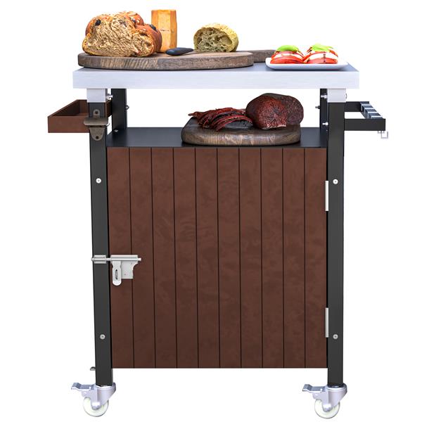 Outdoor Grill Cart with Stainless Steel Tabletop, Storage, Patio Kitchen Island with Wheels, Hooks, and Spice Rack, Waterproof Outdoor Grill Table, Movable BBQ Serving Cart Rolling Bar Cart