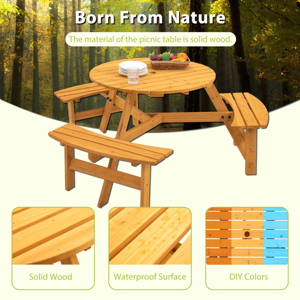 6-Person Outdoor Circular Wooden Picnic Table with 3 Built-in Benches for Patio Backyard Garden（Natural）