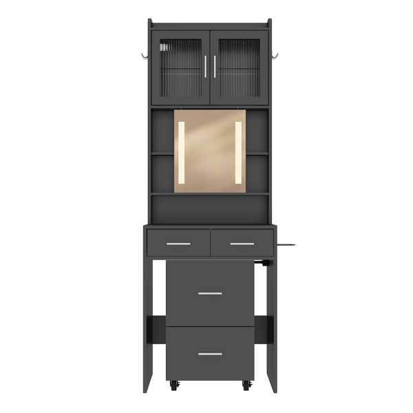 Small Vanity Desk with Sliding Mirror and LED Lights, Makeup Table with Charging Station and Storage Shelves for Small Space, Compact Mini Corner Vanity Set with Hidden Storage Stool for Bedroom