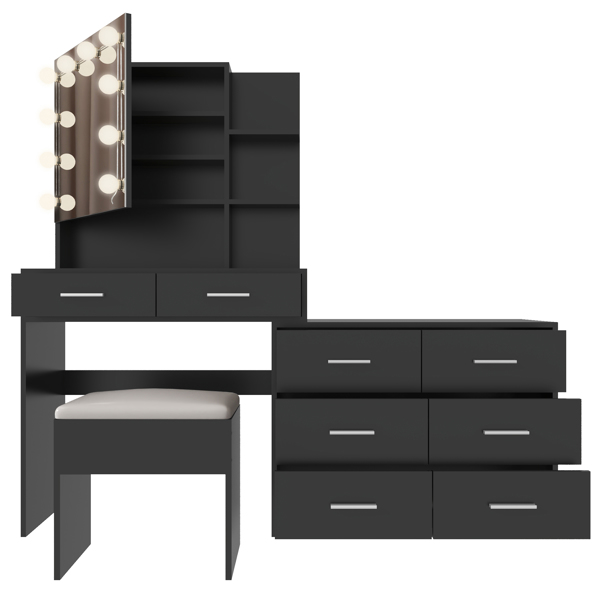 Large Makeup Vanity with Lights, Vanity Table with Charging Station, Vanity Desk with Mirror and 10 LED Light Bulbs, Makeup Table with Drawers and Storage Shelves, Black