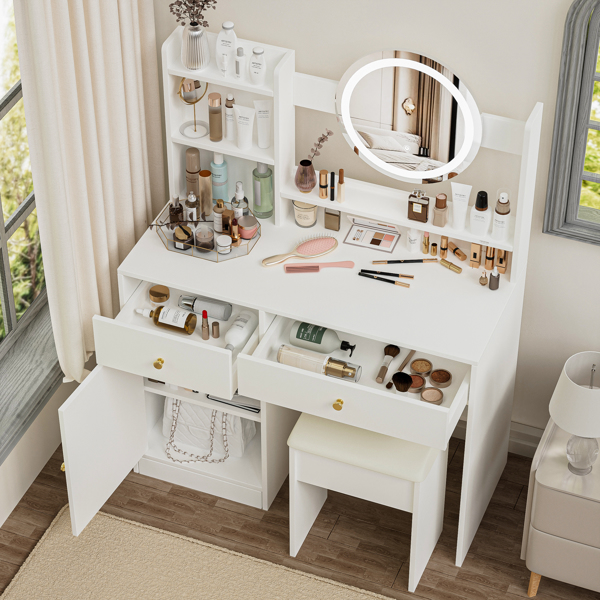 Fashion Vanity Desk with Mirror and Lights for Makeup and Cushioned Chair, Vanity Mirror with Lights and Table Set with 3 Color Lighting Brightness Adjustable,Dressing table, White Color 