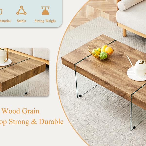 43.3"x23.6" Wood colored texture sticker MDF Coffee Table with Tempered glass legs.Suitable for Living Room.It can be used not only as a coffee table but also as a side table or display stand.