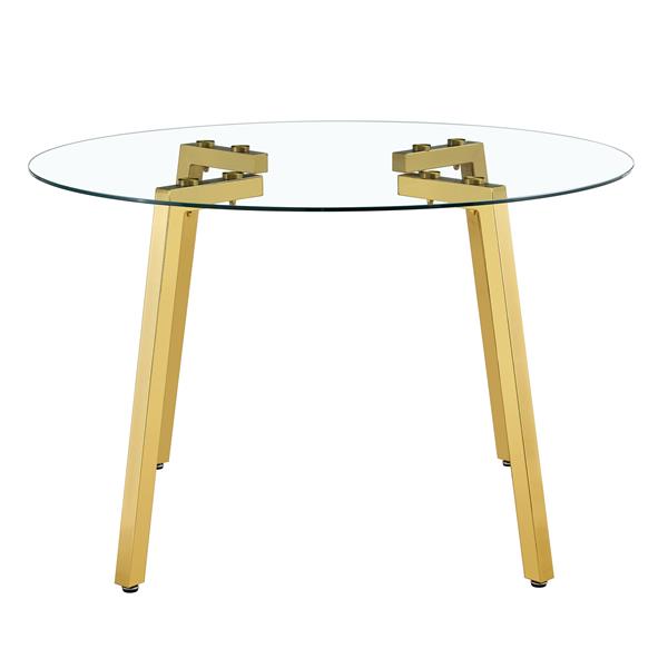 Modern Luxurious Round Tempered Glass Dining Table with Gold 7-Shaped Metal Legs,suitable for family meals, office conferences, or as a casual coffee table for various occasions.47.3*47.3*29.5