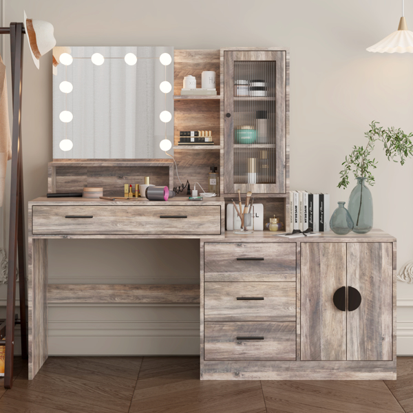 Large Makeup Vanity with Lights, Vanity Table with Charging Station, Vanity Desk with Mirror and 10 LED Light Bulbs, Makeup Table with Drawers and Storage Shelves and Cabinets, Gray