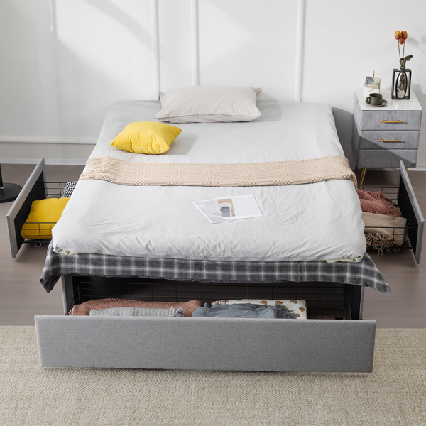 Full Bed Frame with 3 Large Drawers, Fabric Upholstered Platform Bed, Wooden Slat Support, No Box Spring Needed, Easy Assembly, Light Grey