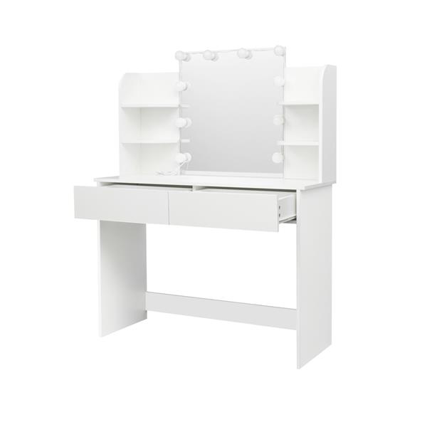 Modern Dressing table with 2 Drawers, 4 open shelves Rectangular Makeup Table with Mirror, 10-lamp bulb,,42.52*15.75* 52.76inch,for Bedroom