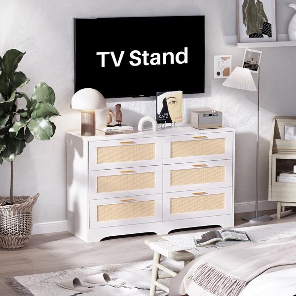 Generisch Rattan Kommode, Komode mit Schubladen, 6 Schubladen Dresser, 120x40x77 cm Tv Schrank, Flur Kommode & Chest of Drawers für Schlafzimmer Wohnzimmer, 120x40x77 cm (Weiß)