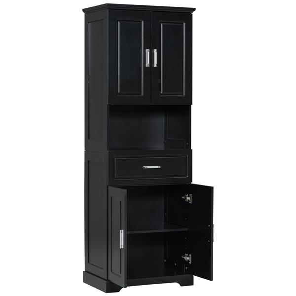 Tall Bathroom Cabinet with Four Doors, Large Storage Space Open Shelve, Upper Storage Cabinet, Black