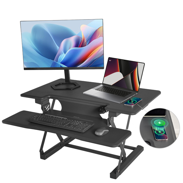 Höhenverstellbarer Schreibtisch für Computer, höhenverstellbarer Schreibtisch mit Tastaturablage, Verstellbarer Schreibtisch mit Ladefunktion (USB & Type-C & kabelloses Laden), Grau (91 x 52 cm)