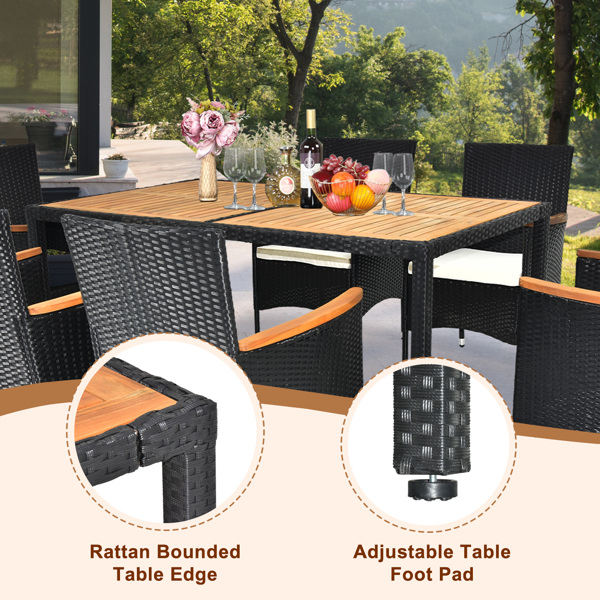 7 Piece Patio Dining Set, Outdoor Patio Conversation Set with Acacia Wood Table Top and Rattan Chairs and Soft Seat Cushions for Deck Backyard Garden, Black