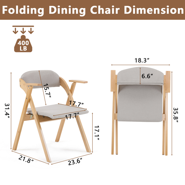 Set of 2 Wooden Folding Chairs with Padded Seats and Armrests, Portable Simple Folding Chairs with Cushion for Guests Kitchen Office Wedding Party Picnic, Natural Frame with Light Gray Cushion