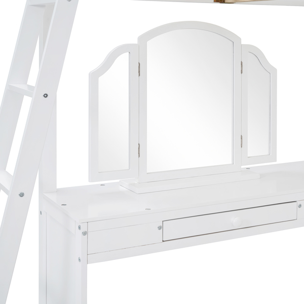 Full Wooden Loft Bed with U-shaped Desk,Storage Compartments and Tri-fold Mirror, White 