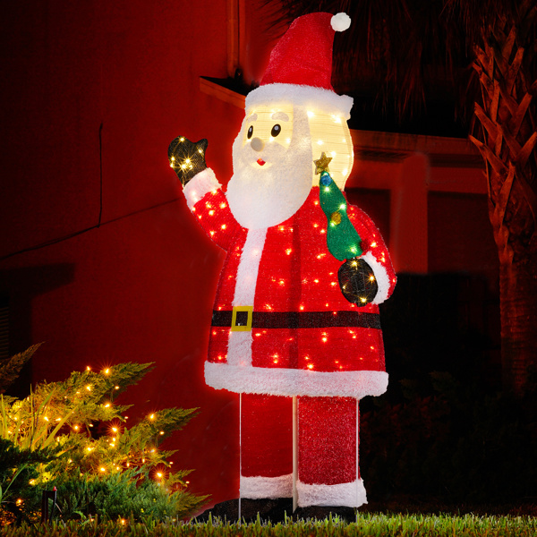 6FT Lighted Santa Christmas Yard Decorations, Pre-lit Pull Up Santa Waving Hand with 180 LED Warm White Lights and Ropes Stakes for Xmas Outdoor Holiday Indoor Decor Lighted Holiday Displays