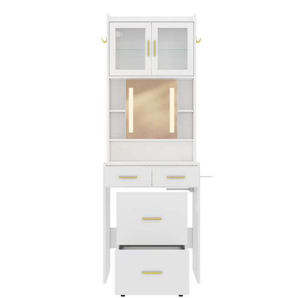 Small Vanity Desk with Sliding Mirror and LED Lights, Makeup Table with Charging Station and Storage Shelves for Small Space, Compact Mini Corner Vanity Set with Hidden Storage Stool for Bedroom