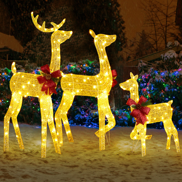 3-Piece Lighted Christmas Reindeer Family Set Outdoor Decorations, Weather Proof 2D Deer Family Set of 3 Christmas Ornament Home Decor Pre-lit 200 LED Warm White Lights with Stakes, Golden