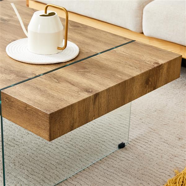 43.3"x23.6" Wood colored texture sticker MDF Coffee Table with Tempered glass legs.Suitable for Living Room.It can be used not only as a coffee table but also as a side table or display stand.