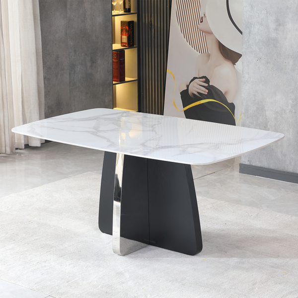 Modern Dining Table for 6, White Dining Table Sintered Stone Dining Table Top with stainless steel base, 63 inch Modern Luxury White Rectangular Dining Table (Table Only)- LTL Item