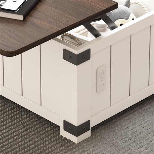 Farmhouse Lift Top Coffee Table with Storage, Wood Square Center Table with Charging Station&USB Ports, Living Room Central Table 4 grids Large Hidden Space, for Living Room, Bedroom, Home Office