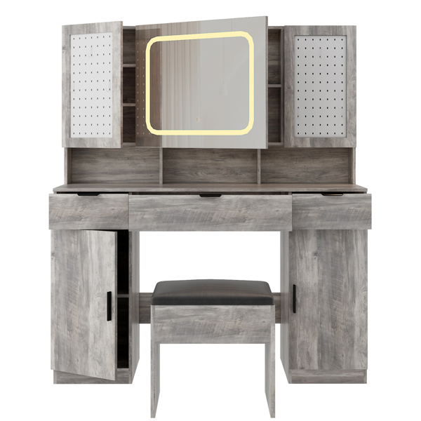 Large Vanity Table Set with LED Lighted Mirror and 2 DIY Pegboards, 5 Hooks, Vanity Desk with Charging Station, Makeup Table with Drawers, Storage Shelves and Cabinets, Cushioned Stool for Bedroom