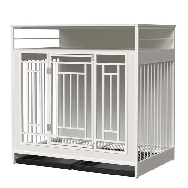 43.3 inch Dog Crate Furniture for Large Dogs,Wooden Dog Crate with Divider,Double Door Dog Kennel with Three Drawers Storages,Heavy Duty Dogs Decorative Pet House for Large Medium Dogs ,White