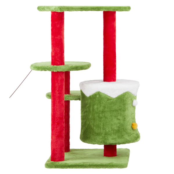 32in Christmas Themed Cat Tower with Cat Condo, 3-Level Plush Cat Tree Activity Center for Indoor Cats