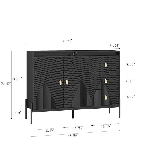 Buffets & Sideboards, Fluted Sideboard Cabinet, 2 Door 3 Drawer Design, with Led Lights,Black Sideboard - Elegant Cabinet Ideal for Dining Room and Kitchen Storage,Black