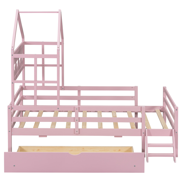 Wood Twin Size House Platform Bed with Guardrail and Drawer, Pink