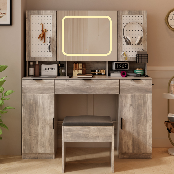 Large Vanity Table Set with LED Lighted Mirror and 2 DIY Pegboards, 5 Hooks, Vanity Desk with Charging Station, Makeup Table with Drawers, Storage Shelves and Cabinets, Cushioned Stool for Bedroom