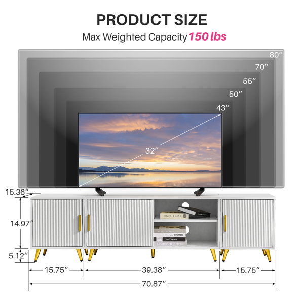 Fernsehkommode, Holz Tv Schrank mit Lagerung für 32-80" Fernseher, Fernsehtisch mit Aufrechte Tischbeine für Wohnzimmer, Schlafzimmer (Weiß)