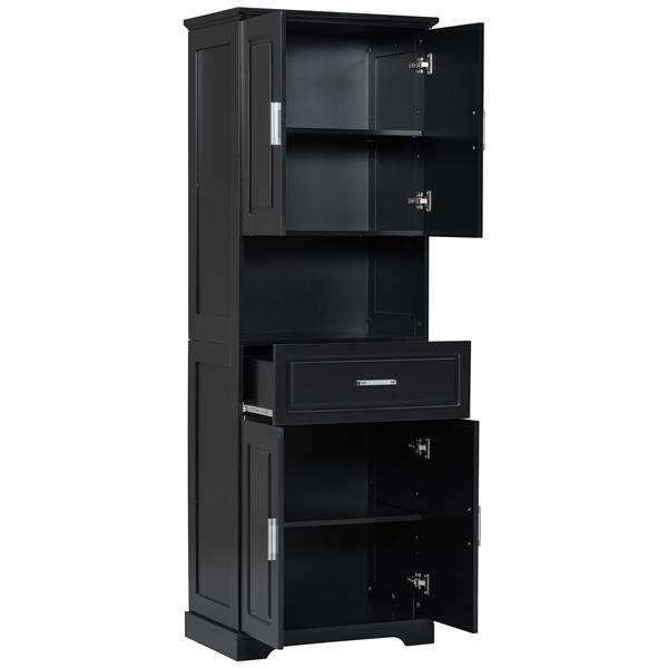 Tall Bathroom Cabinet with Four Doors, Large Storage Space Open Shelve, Upper Storage Cabinet, Black