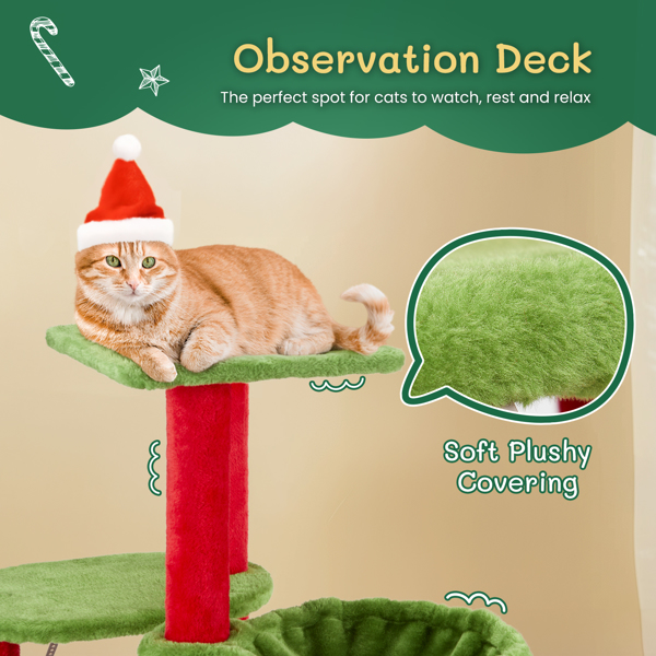 32in Cat Scratching Posts Tower with Cat Condo and Hammock, Christmas Themed Plush Cat Tree with Cat Massage Brush, Activity Center for Indoor Cats